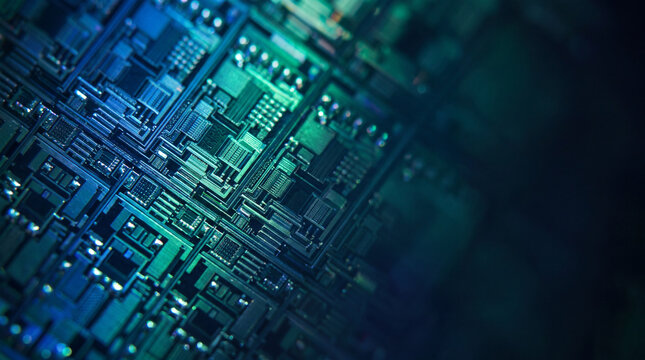 Macro view of a computer circuit board with blue and green circuitry. Cybersecurity and data protection concept. Digital technology infrastructure. Abstract technology background with copy