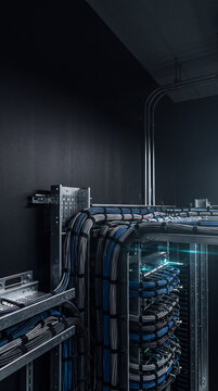 Organized network cables routed through server racks in a data center. Cybersecurity and digital infrastructure. Enterprise network operations and data protection. Server room technology.