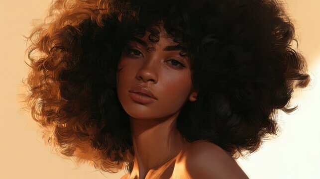 Digital art portrait of a fictitious woman with a fluffy afro puff against a soft gradient background
