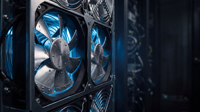 Server rack cooling fans with blue illumination in a data center. Cybersecurity and secure digital infrastructure. Enterprise network operations and cloud computing.