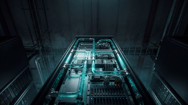 Server racks with glowing fiber optic cables in a data center. Cybersecurity and network infrastructure. Cloud computing, data protection and enterprise technology. Digital illustration.