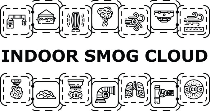 Indoor smog cloud banner infographic. Smoke particles, residue haze, exhaust air icon vector illustration