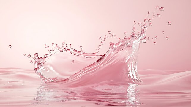 Water splashes with floating skincare product sideways pure pink gradient background oc rendering c4d high quality fashionable studio lighting simple