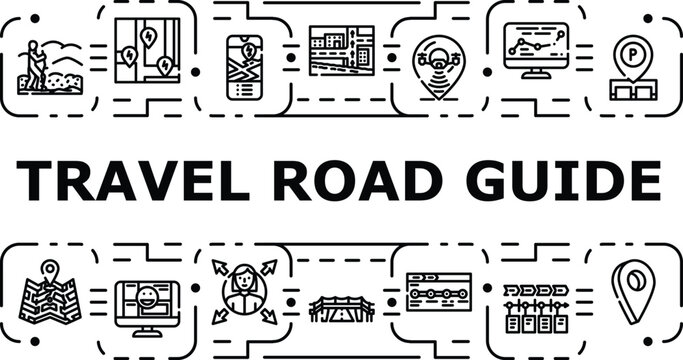 Travel road guide banner infographic. Adventure highways, journey highway, directions destination icon vector illustration