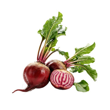 Fresh red beets with green leaves and sliced beet root isolated on transparent background