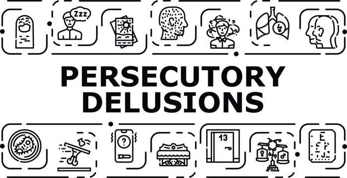 Persecutory delusions banner infographic. Belief fear, danger paranoia, insecurity apprehension icon vector illustration