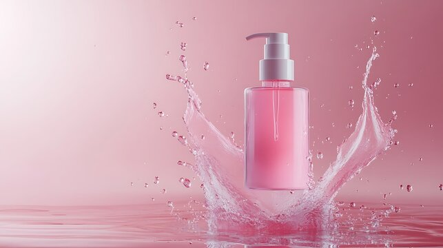 Floating skincare product with water splashes sideways oc rendering c4d pure pink gradient background studio lighting fashionable simple high quality