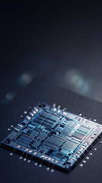 Microprocessor circuit board on dark surface. Cybersecurity and computing hardware concept. Semiconductor technology, data processing and digital infrastructure.
