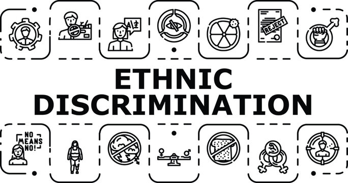Ethnic discrimination banner infographic. Stereotyping ethnicity, injustice hostility, hatred bigotry icon vector illustration