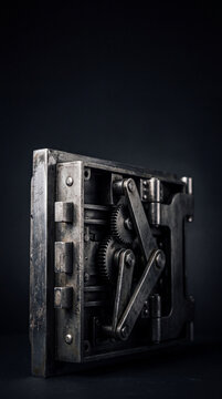 Heavy mechanical bank vault door with exposed locking gears and steel bolts. Cybersecurity and data protection concept. Secure storage, access control and information privacy.