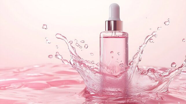 Water splashes with skincare product suspended sideways in oc rendering c4d pure pink gradient background studio lighting high quality fashionable simple