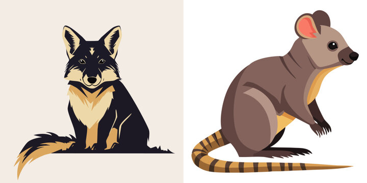 Vibrant, stylized illustration of a dingo and a quokka sitting side by side, showcasing iconic Australian animals with bold colors and clean lines.