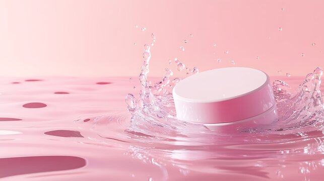 Pure pink gradient background with floating skincare product sideways water splashes oc rendering c4d high quality fashionable simple studio lighting