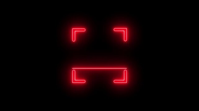 Bright red neon glowing scanner frame with a horizontal laser beam line in the center isolated on a dark black background representing futuristic security technology and scanning