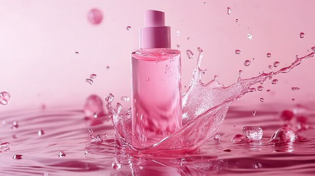 Floating skincare product sideways with splashes of water pure pink gradient background oc rendering c4d high quality studio lighting fashionable simple