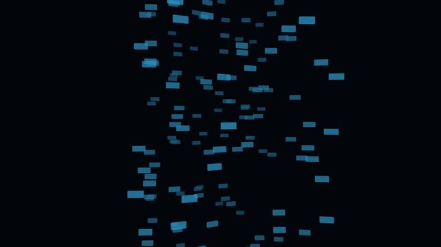 Abstract 3D visualization of cascading language tokens and semantic vector embeddings flowing through neural processor in a seamless 15s loop.