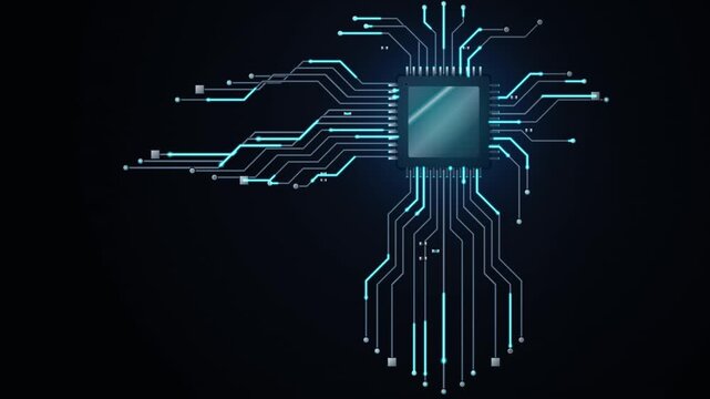 Premium cinematic motion background of an enterprise semiconductor microchip processor on a matte dark PCB circuit board, featuring animated high-speed neon cyan data bus highways, gold annular vias,