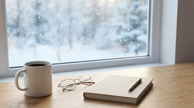 雪景色の窓辺のデスクに置かれたホットコーヒーのマグカップとメガネとノート 冬の朝の静かなワークスペース