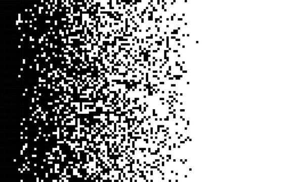 Black pixel mosaic dissolving into white space with geometric square patterns and halftone gradient effects creating modern digital dispersion art. Y2k pixel disintegration Vector design element