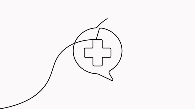 Medical cross bubble line art animation video showing a healthcare chat bubble and plus symbol motion graphics. 4 K animation.