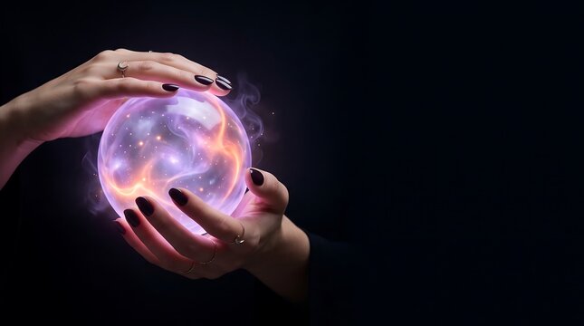 Elegant Hands Holding Glowing Magical Orb on Pitch Black Presentation Background