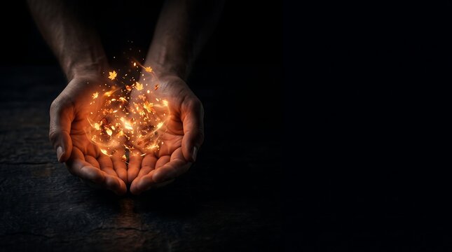 Hands Holding Glowing Magical Embers and Autumn Leaves on Dark Background