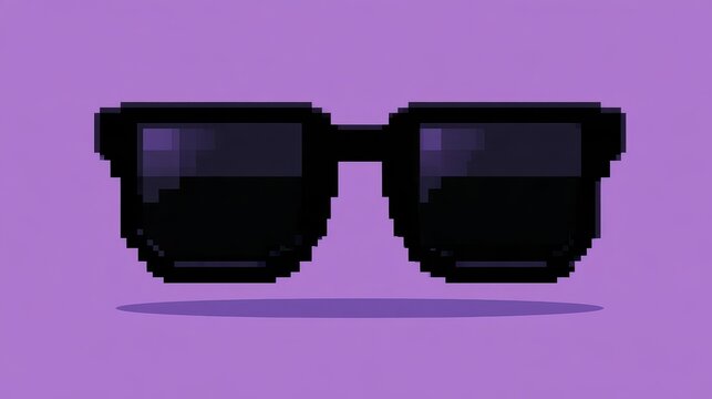 Cartoon pixel sunglasses in 8-bit style on a purple canvas, meme accessory with bold character