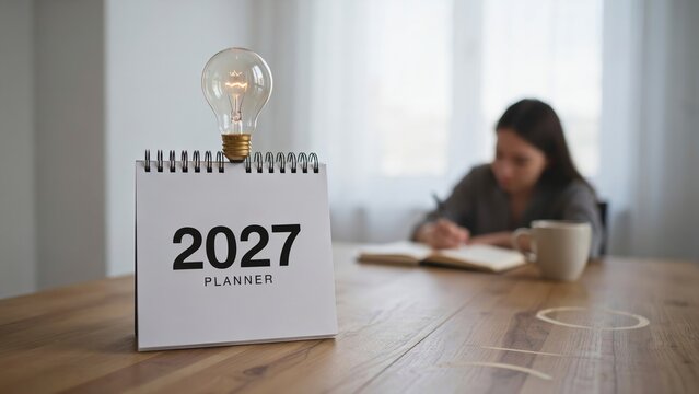 Glowing light bulb balanced perfectly atop white desk calendar displaying upcoming year twenty twenty seven with focused woman writing