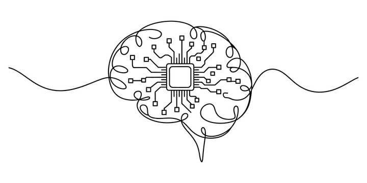 Continuous line drawing of a digital brain with a chip isolated on transparent background