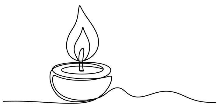 Continuous single line drawing of a burning candle isolated on transparent background