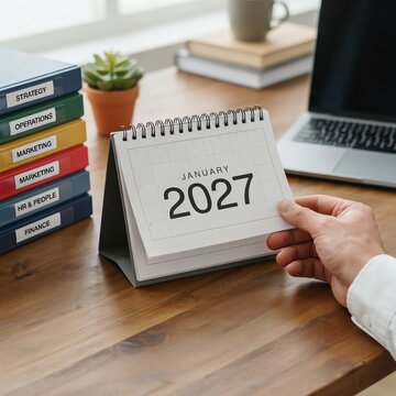 Professional hand turning calendar page to January twenty twenty seven sitting at office desk with colored binders