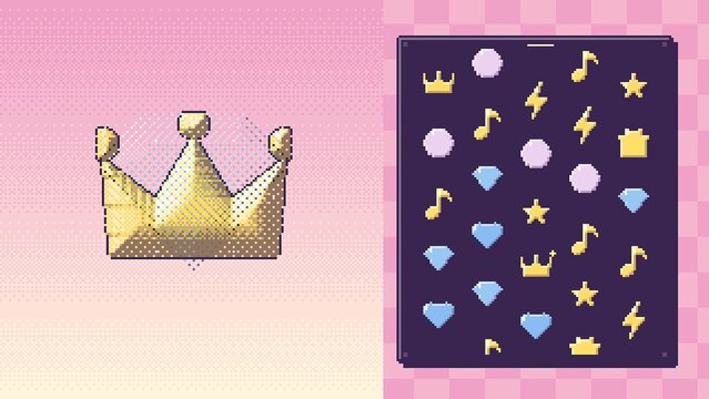 A yellow pixelated crown stands on a pink gradient background, next to a purple screen displaying various yellow and blue pixelated icons