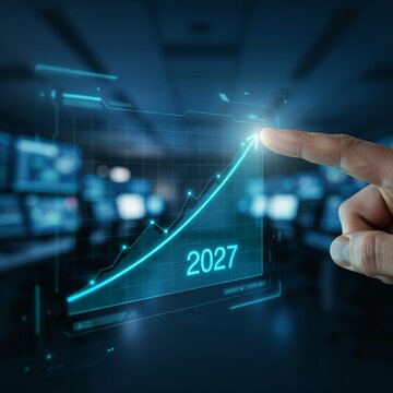 Business professional interacting with futuristic holographic interface displaying upward financial growth chart and year twenty twenty seven data