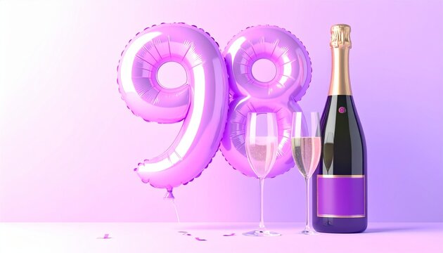 Birthday and Anniversary Celebration with Champagne and Number 98 Balloon