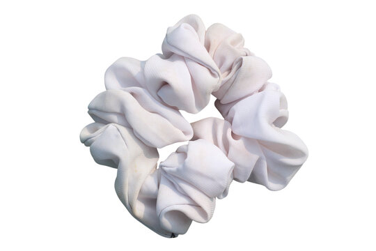 White fabric hair scrunchie elastic tie, PNG isolated on transparent background