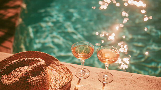 luxurious summer poolside scene with two elegant cocktail glasses filled with sparkling drinks and a woven straw hat, sunlit turquoise swimming pool with golden reflections for vacation and lifestyle 