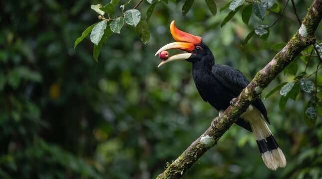 Rhinoceros Hornbill Feeding on Wild Figs - A tropical hornbill selects ripe figs on a rainforest branch, highlighting natural feeding behavior and seed dispersal.