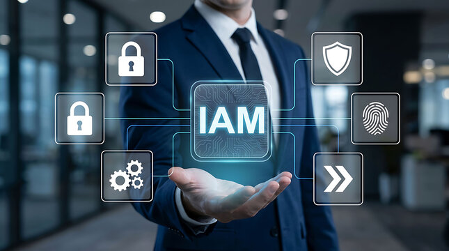 Businessman holding IAM identity access management security technology system