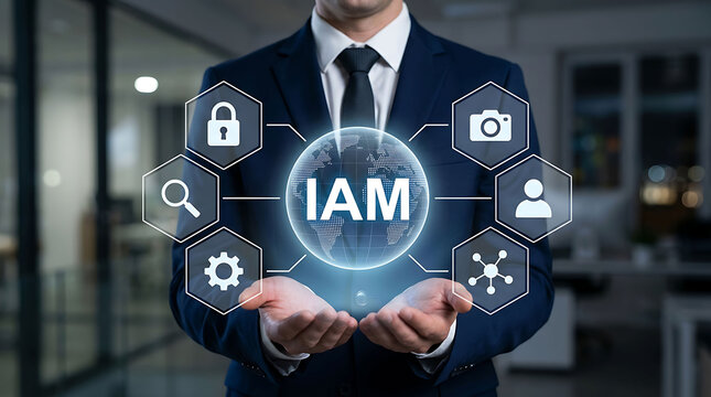 Businessman holding glowing globe with IAM security and access management icons