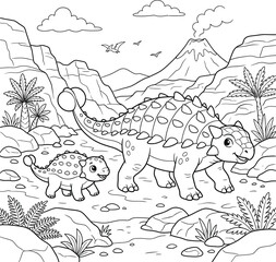 Cute Dinosaur Family Coloring Page with Stegosaurus and Baby Ankylosaurus in a Prehistoric Valley, Black and White Jurassic Landscape Line Art for Kids © Ahamed