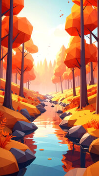 Low poly autumn forest landscape with river