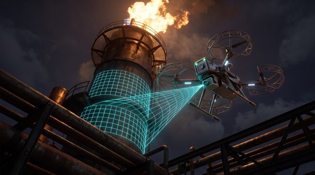 Conceptual image of an inspection drone projecting a glowing cyan thermal grid on a flare stack