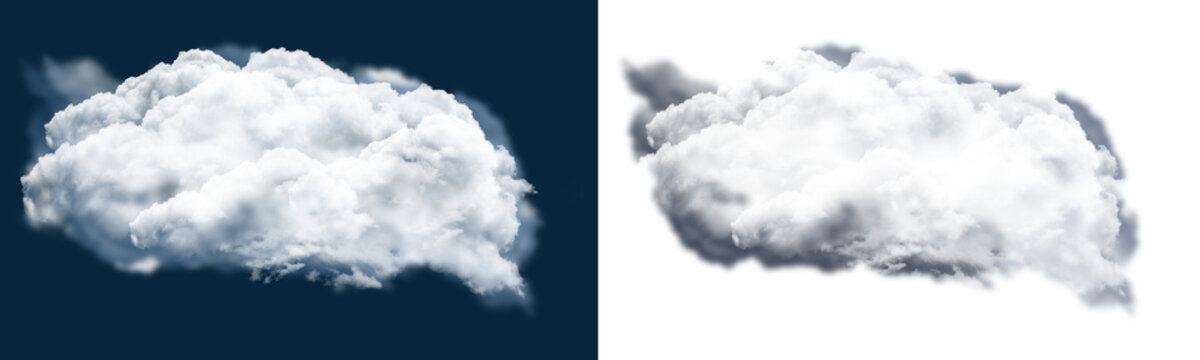 A dense and voluminous white cumulus cloud isolated on a dark blue background, provided with an alpha mask for seamless digital editing use
