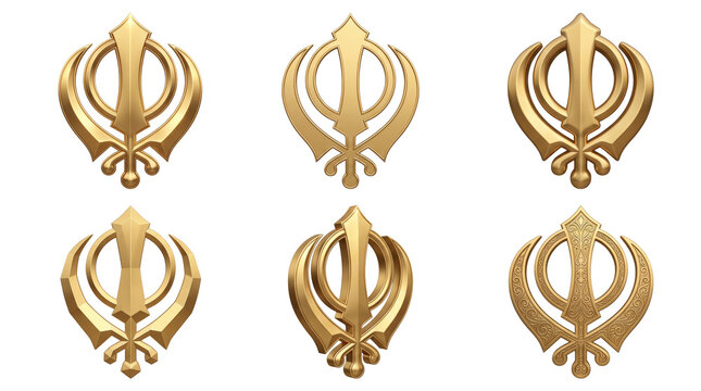 Set of six golden khanda symbols representing the sikh faith and religion isolated on a transparent background