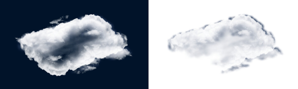 A single fluffy white cumulus cloud isolated on a dark blue background, with a corresponding, alpha mask for, easy compositing in, digital projects