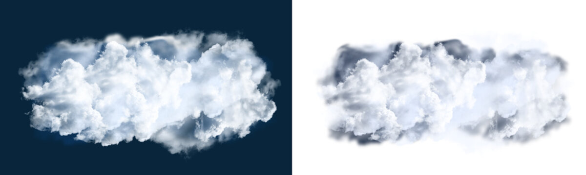 A soft and rounded white cumulus cloud isolated on a dark blue background, accompanied by an alpha mask for seamless integration into any