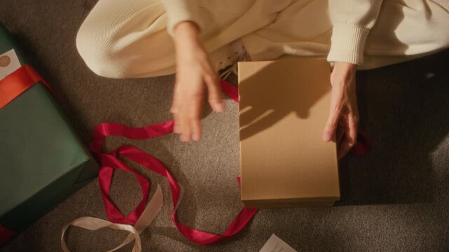 Caucasian young adult woman untying ribbon and unboxing wireless headphones from gift box. Video is ideal for holiday tech gift campaigns and consumer electronics marketing