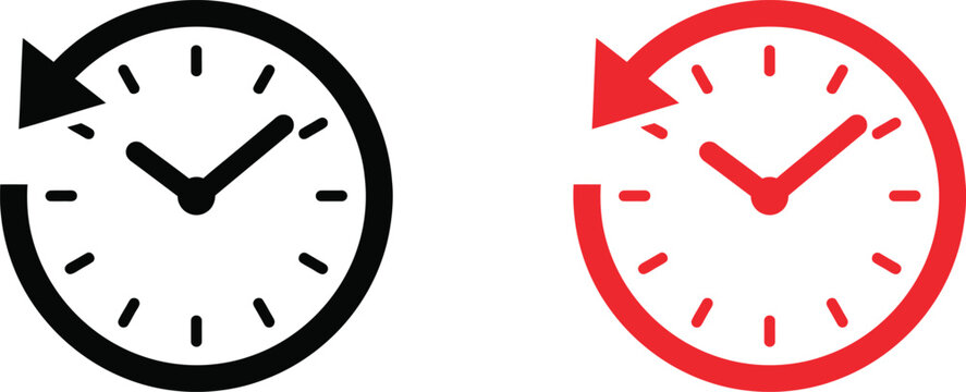 Black and red clock icons with circular counterclockwise arrow for history and time reset concepts
