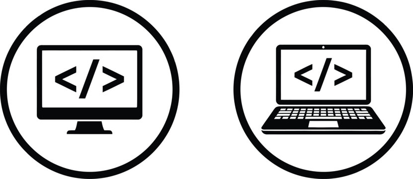 Black and white computer monitor and laptop icons with coding brackets symbol for web development