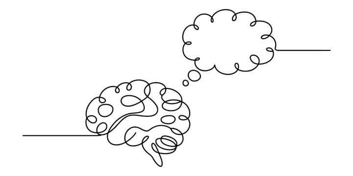 Continuous line drawing of human brain with thought bubble Vector, illustration